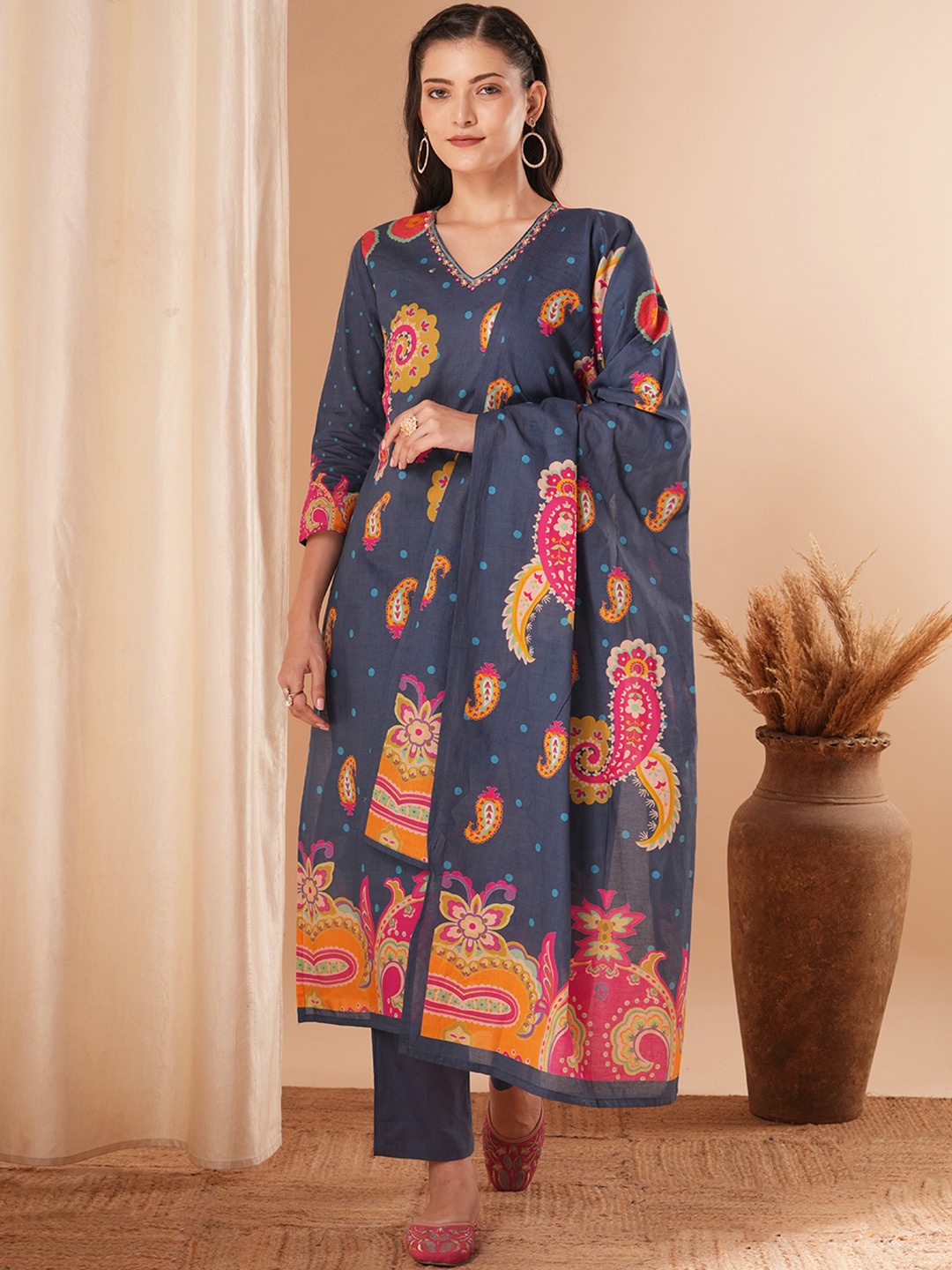 

FASHOR Floral Printed Pure Cotton V-Neck Straight Kurta With Trousers & Dupatta, Blue