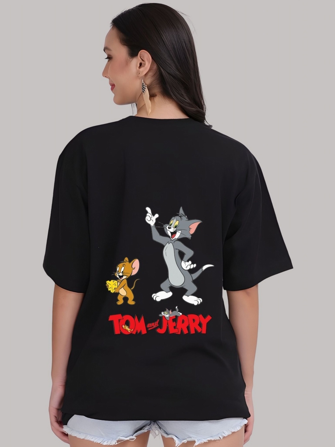 

SZN Women Tom & Jerry Graphic Printed Round Neck Cotton Oversized T-shirt, Black