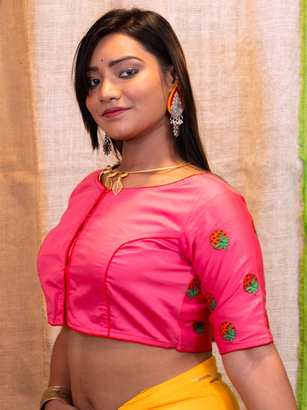 

Uttariya Embroidered Cotton Round Neck Saree Blouse, Pink