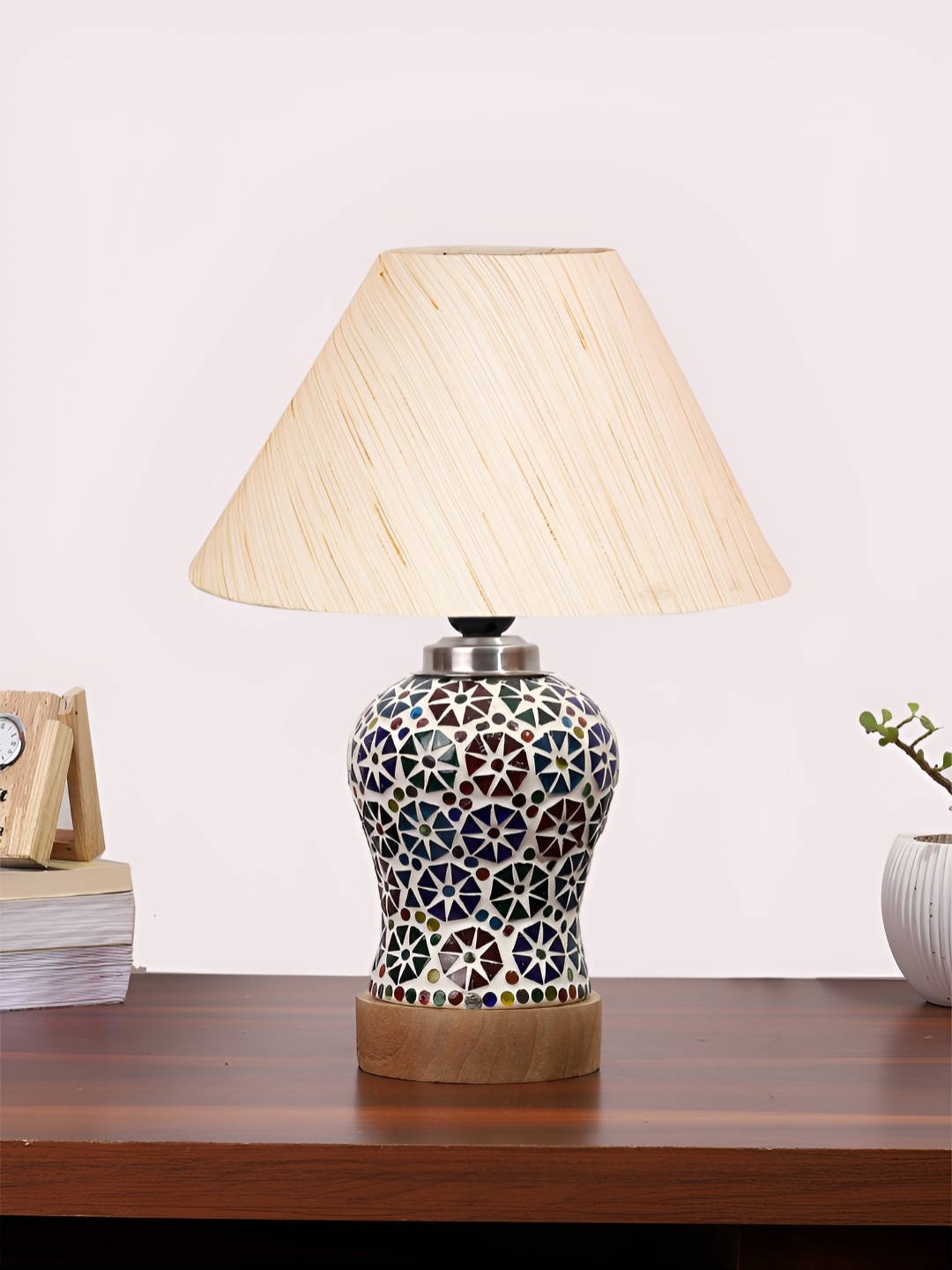 

Devansh Off White & Blue Textured Wooden Frustum Shaped Table Lamp With Mosaic Glass Base