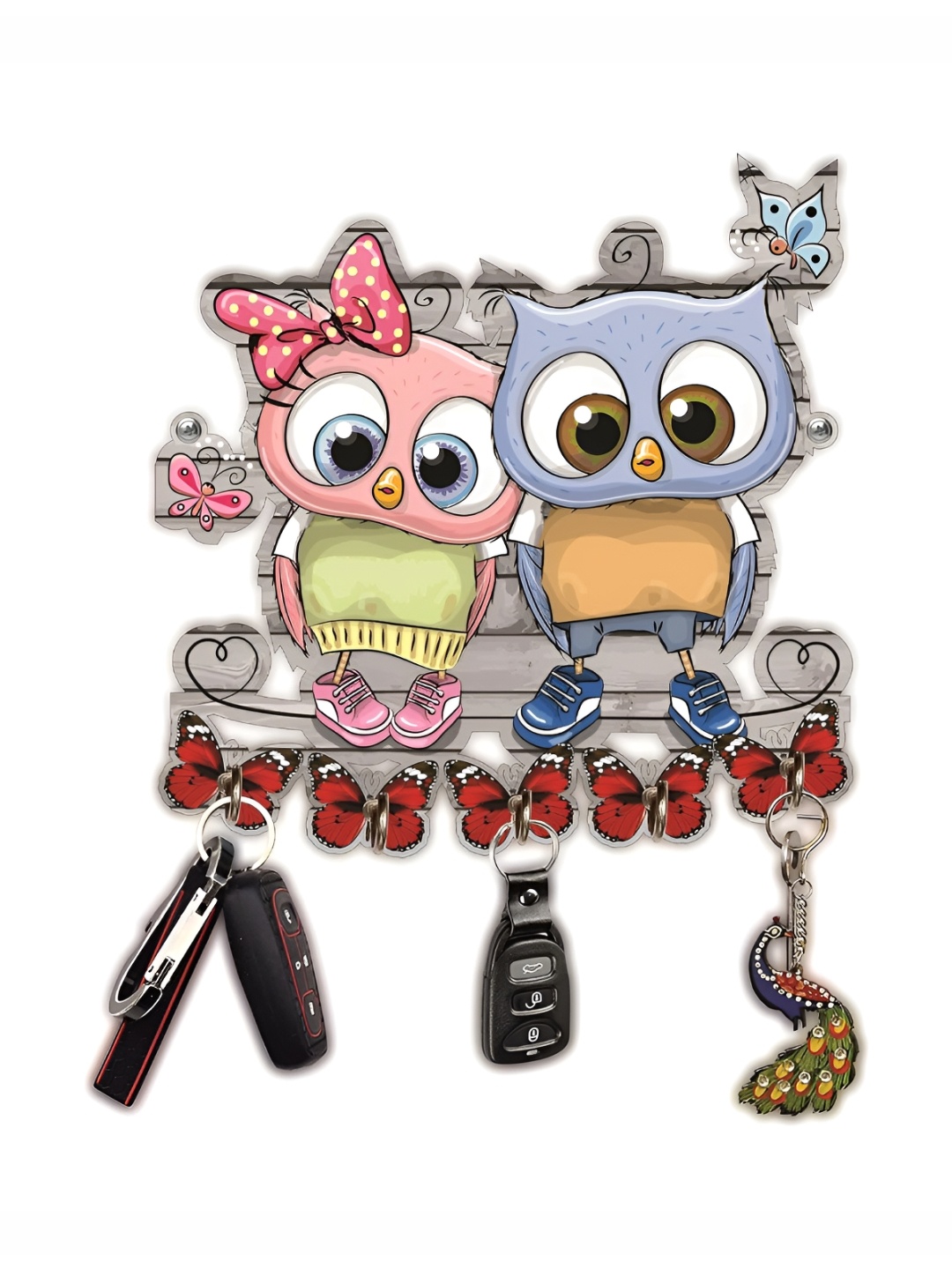 

Webelkart Grey & Pink Owl Printed Wooden 5-Hooks Key Holders
