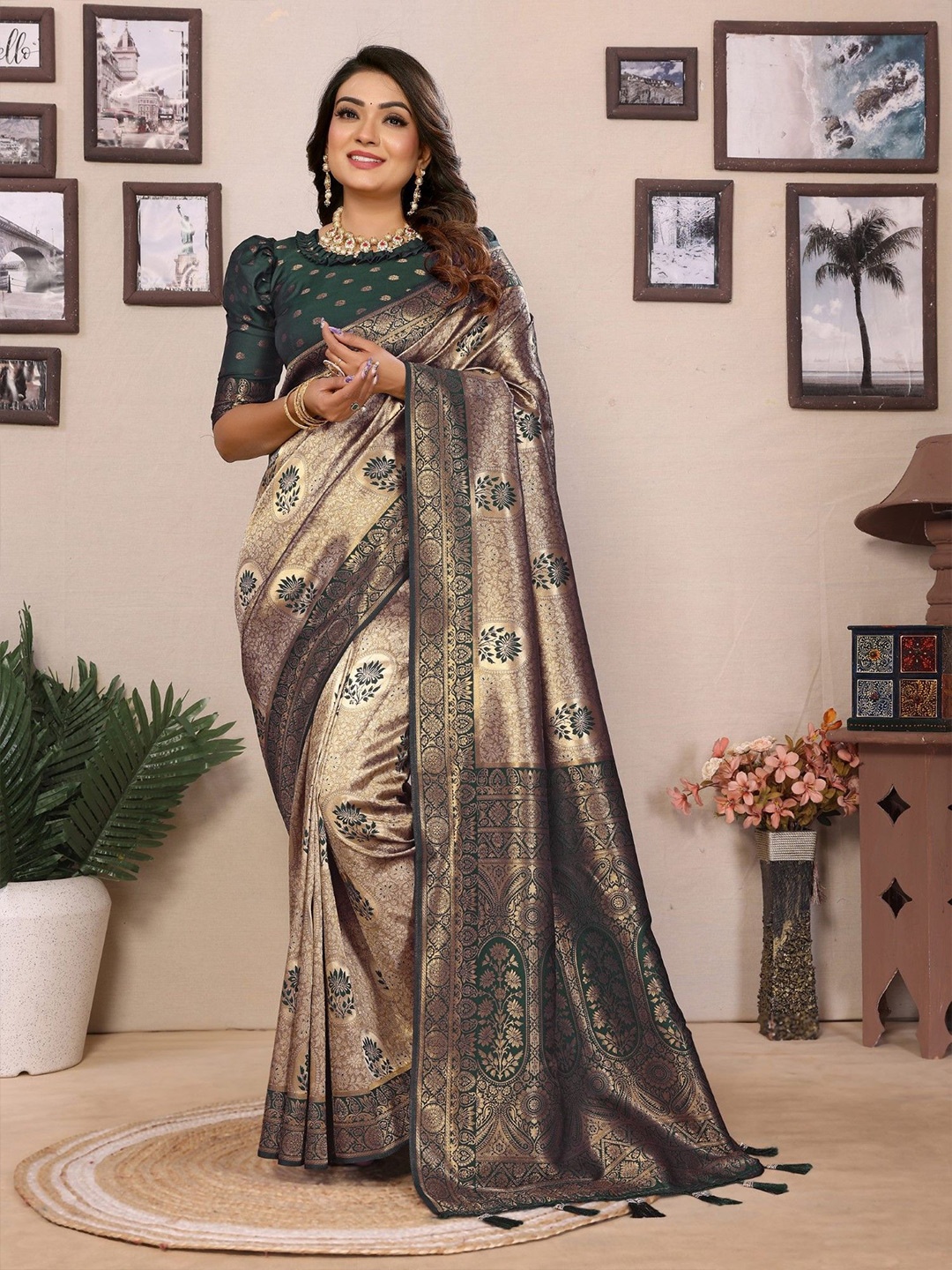 

LeeliPeeri Designer Woven Design Zari Tissue Saree With Unstitched Blouse Piece, Green