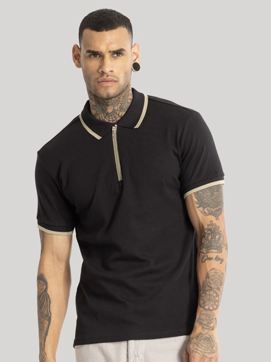 

Snitch Bento Black Polo Collar Slim Fit Cotton T-shirt