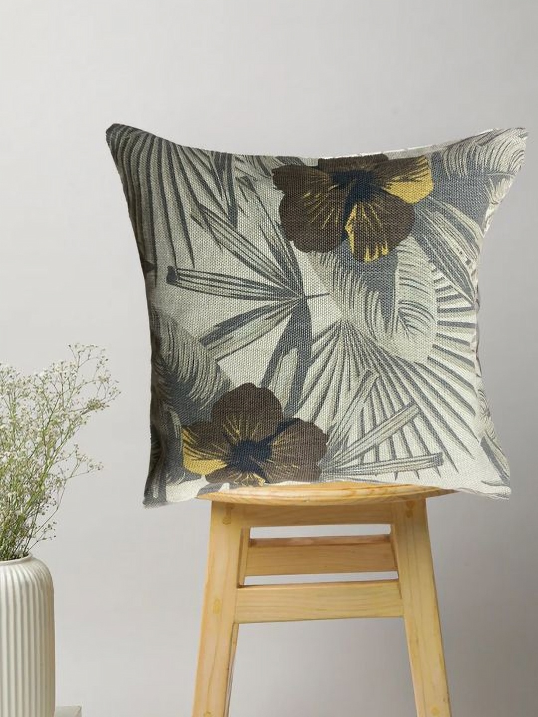 

SAJAVAT Grey Melange & Yellow Floral Printed Cotton Square Cushion Cover