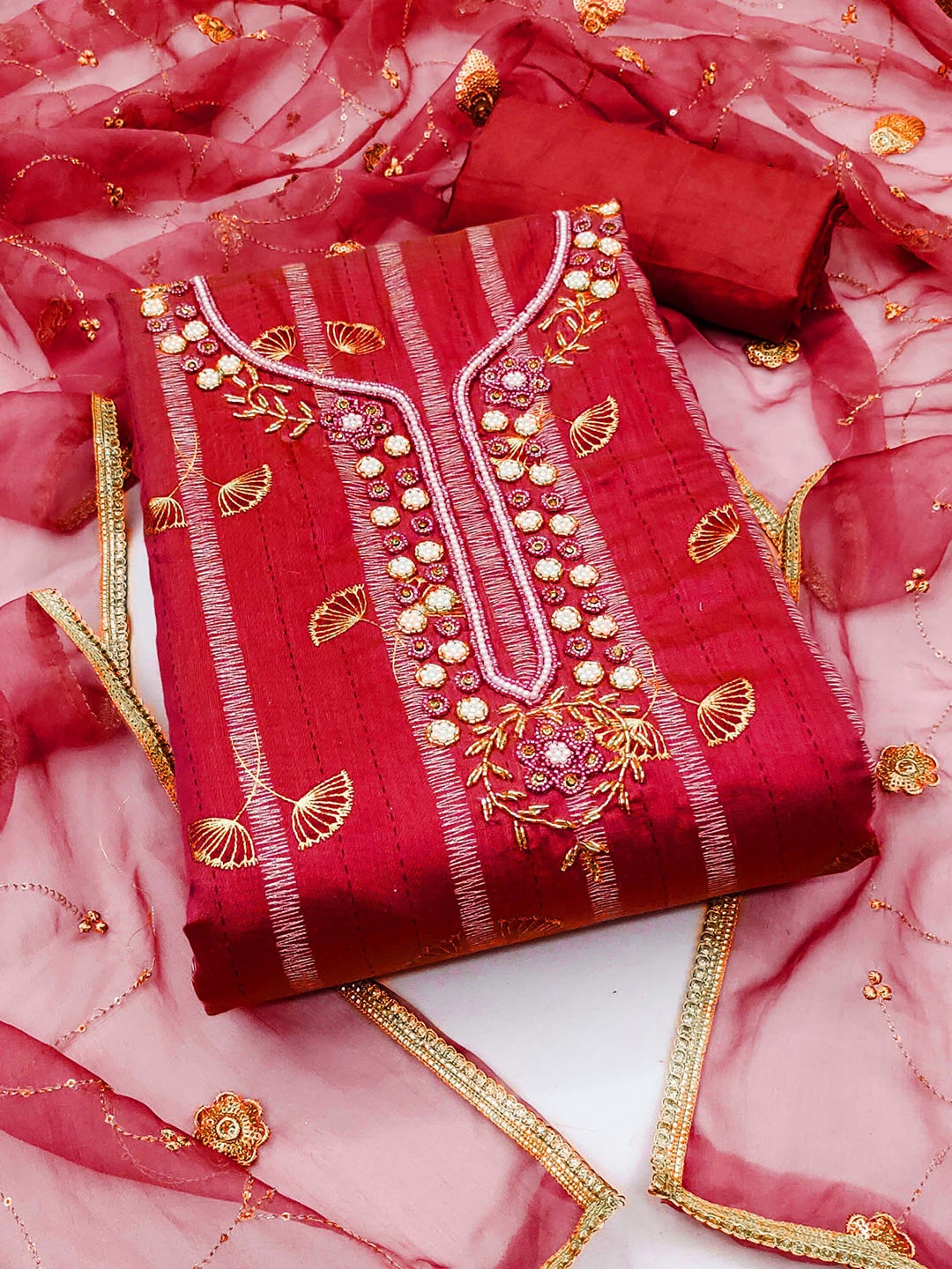 

SHADOW & SAINING Floral Embroidered Beads & Stones Unstitched Dress Material, Red