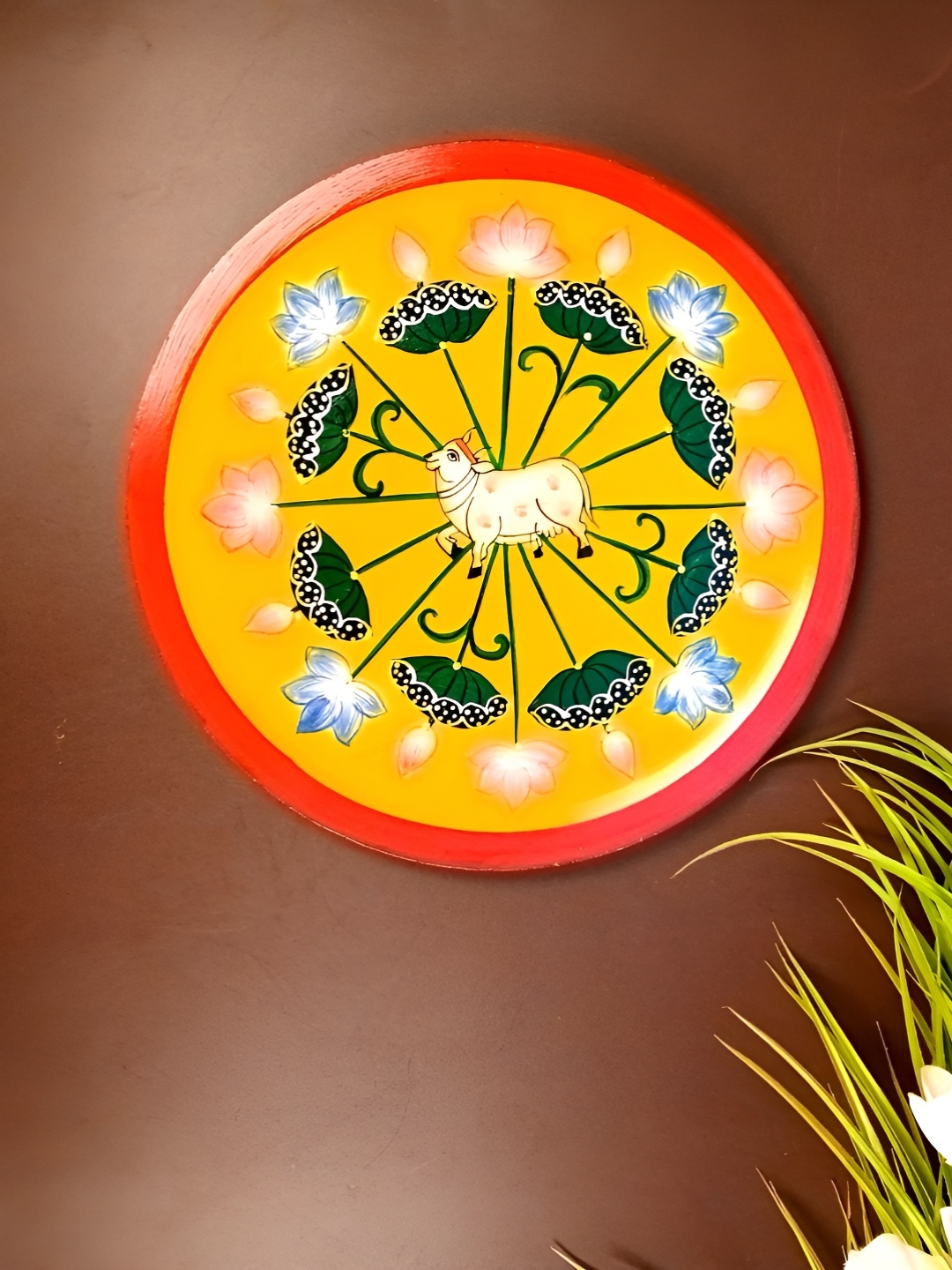 

apka mart Yellow & Green Pichwai Cow Printed Wooden Wall Plate