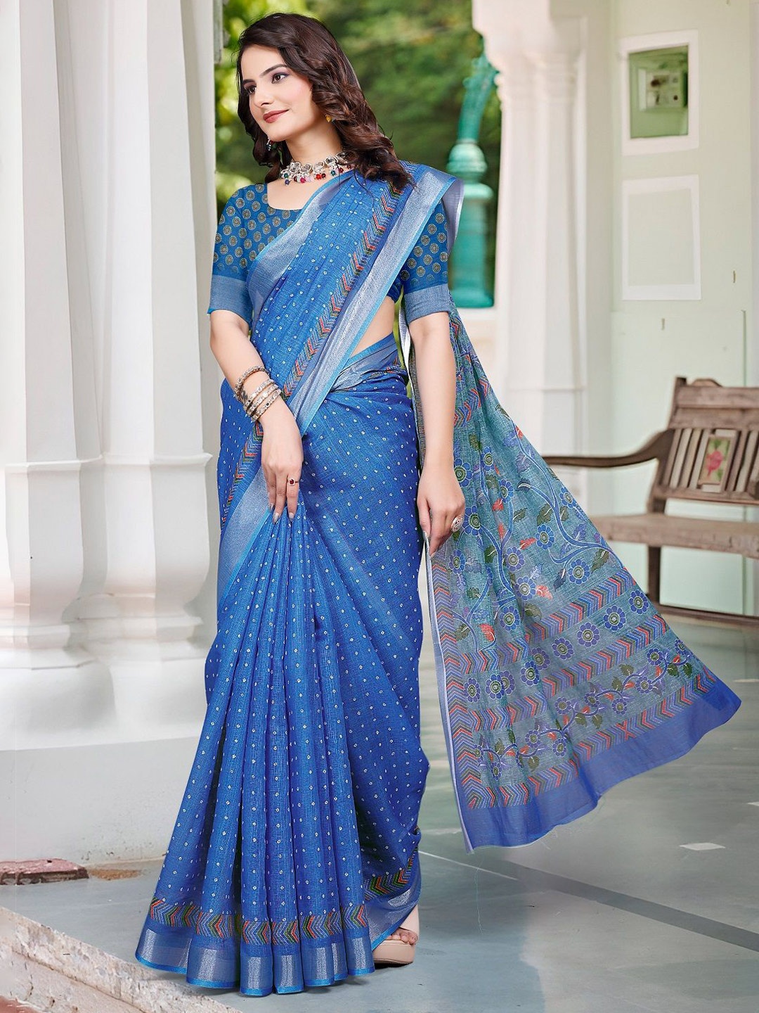 

ORUS Bandhani Printed Zari Pure Cotton Saree, Blue