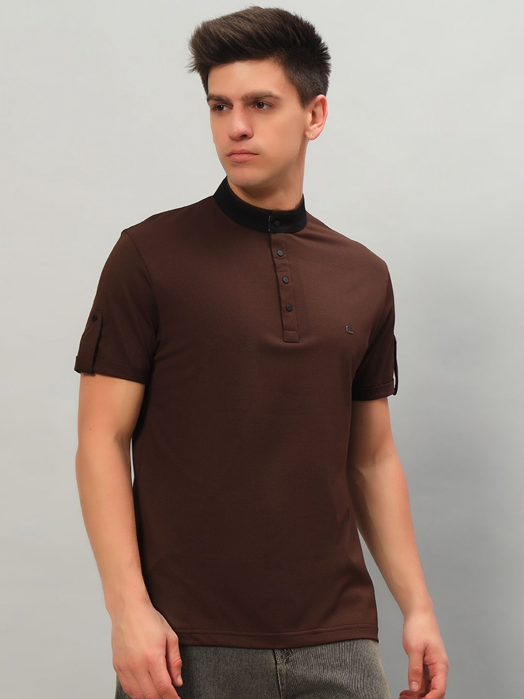 

PROFY Men Solid High Neck Cotton T-shirt, Brown