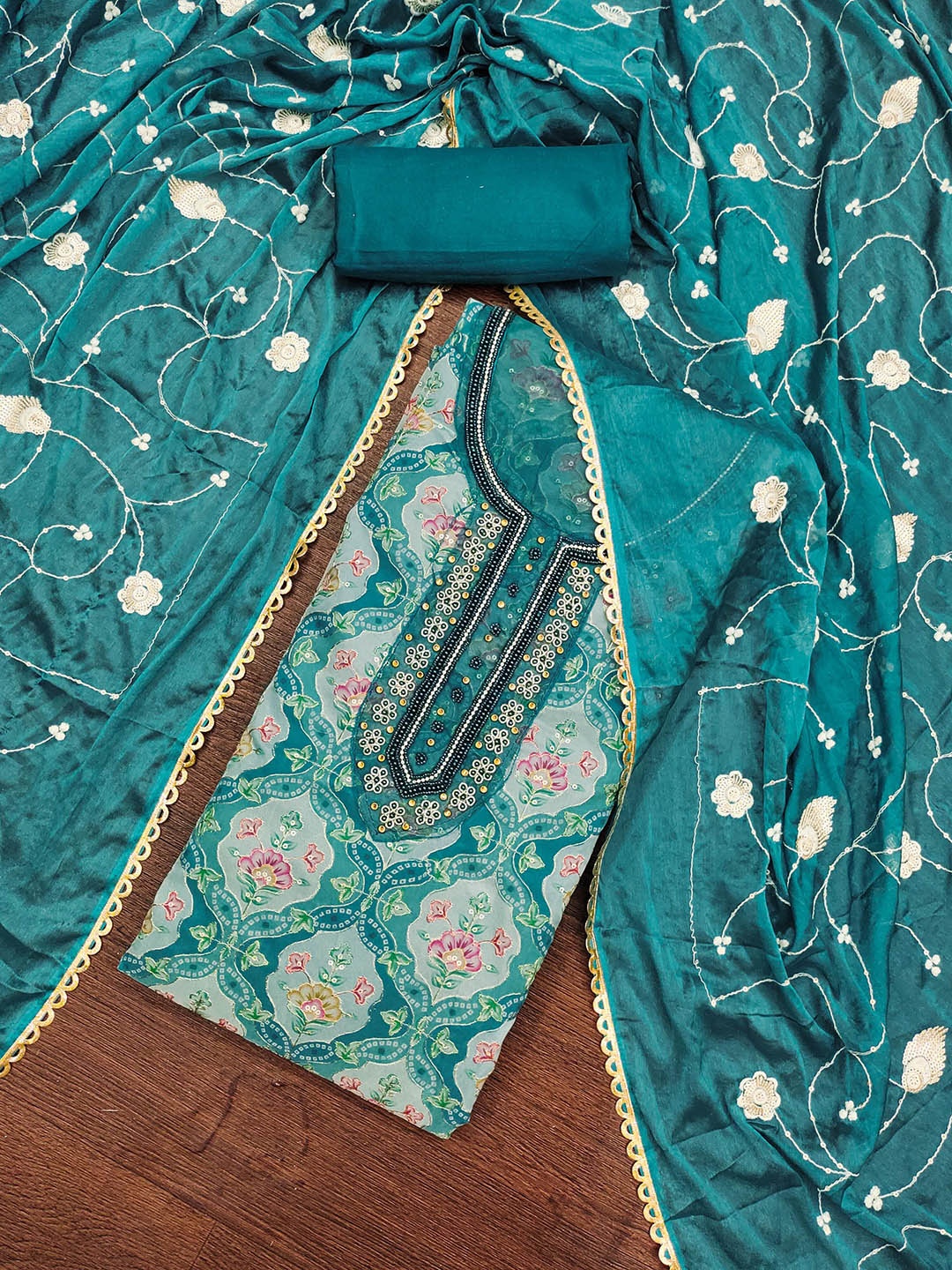 

SHADOW & SAINING Bandhani Woven Design Sequinned Organza Semi-Stitched Dress Material, Teal