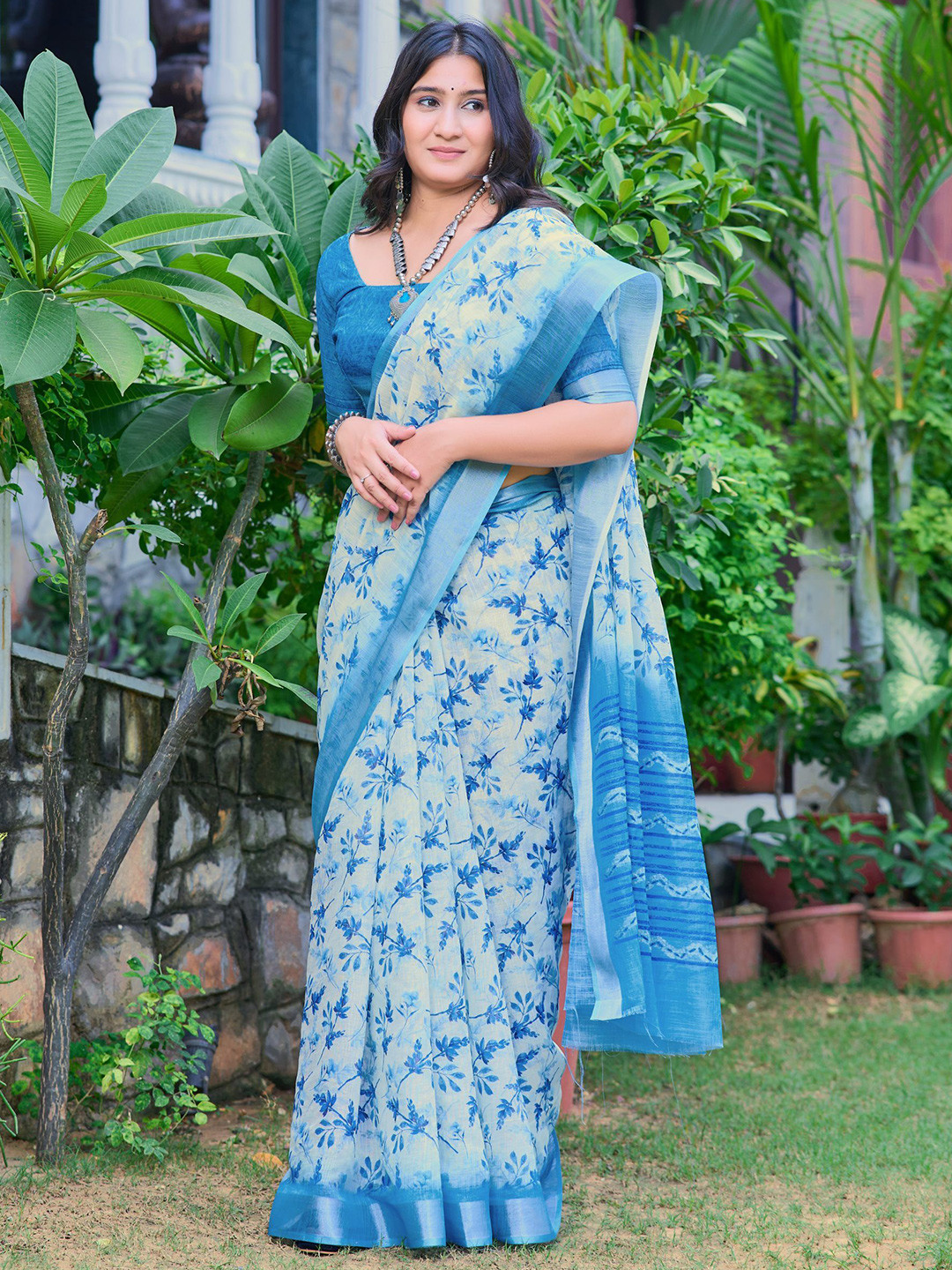 

Kalista Floral Printed Zari Pure Cotton Saree, Turquoise blue