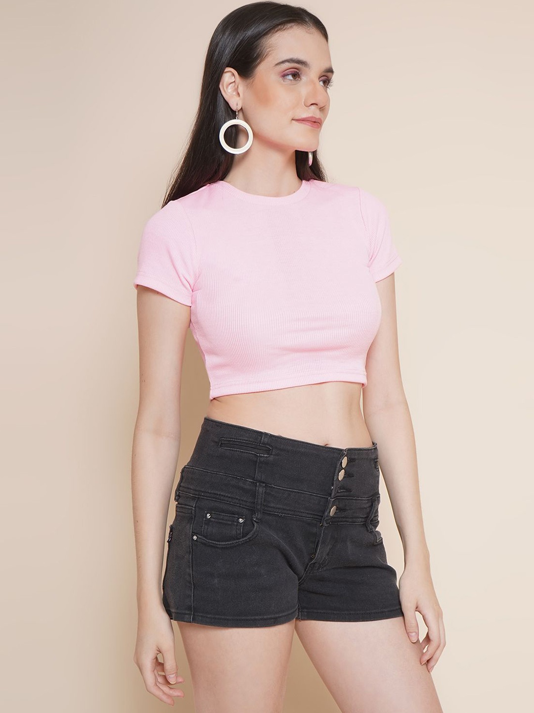 

JAKANARY Women Ribbed Cotton Crop Top, Pink