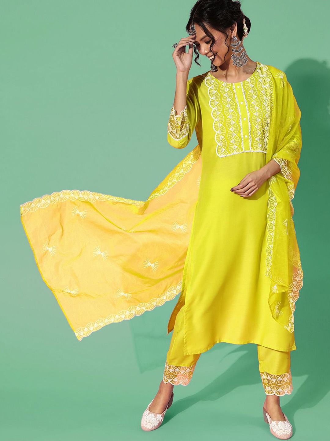 

Indo Era Women Yoke Design Round Neck Kurta With Trousers & Dupatta, Lime green