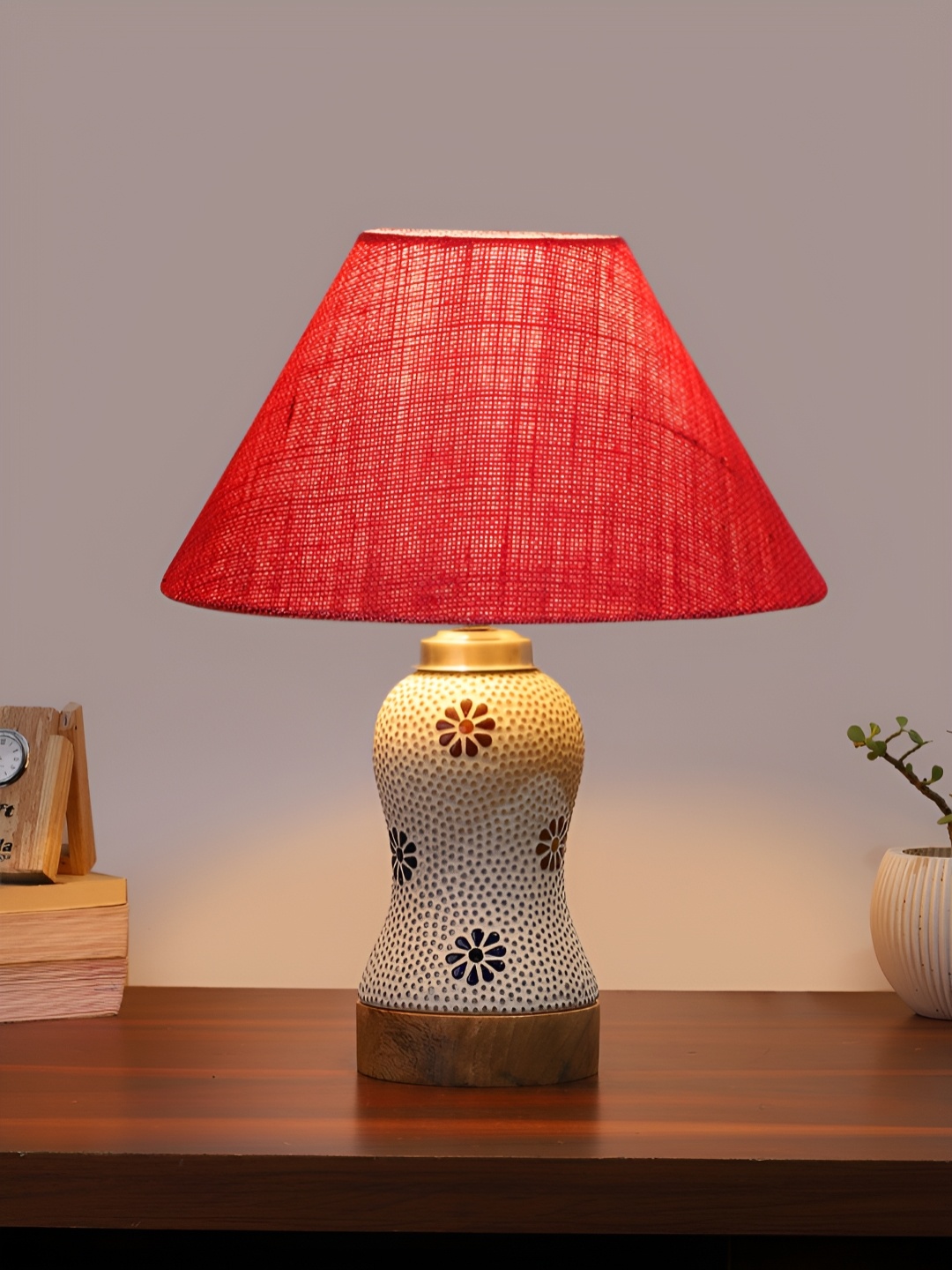 

Devansh Pink Printed Wooden Frustum Shaped Table Lamp With Mosaic Glass Base