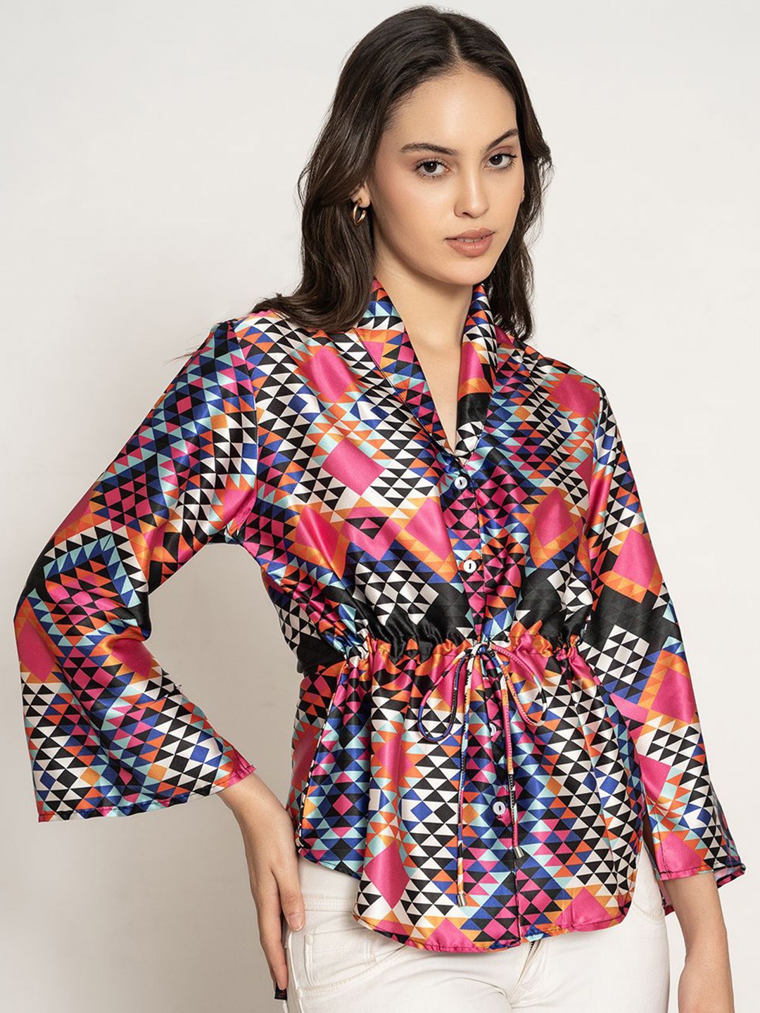 

Lounge Dreams Women Geometric Printed Satin Shirt Style Top, Red