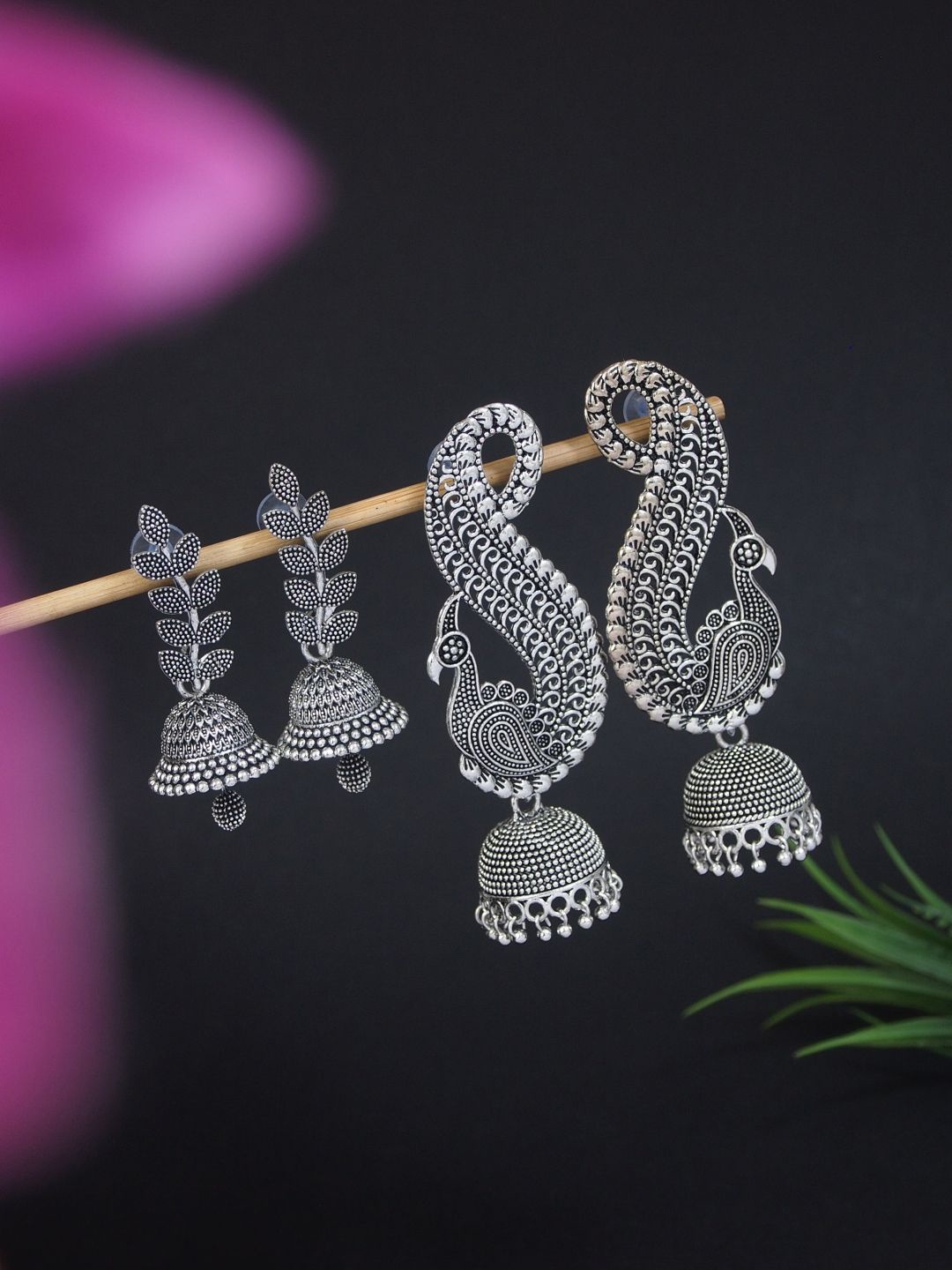 

I Jewels Set Of 2 Silver-Plated Dome Shaped Oxidised Jhumkas