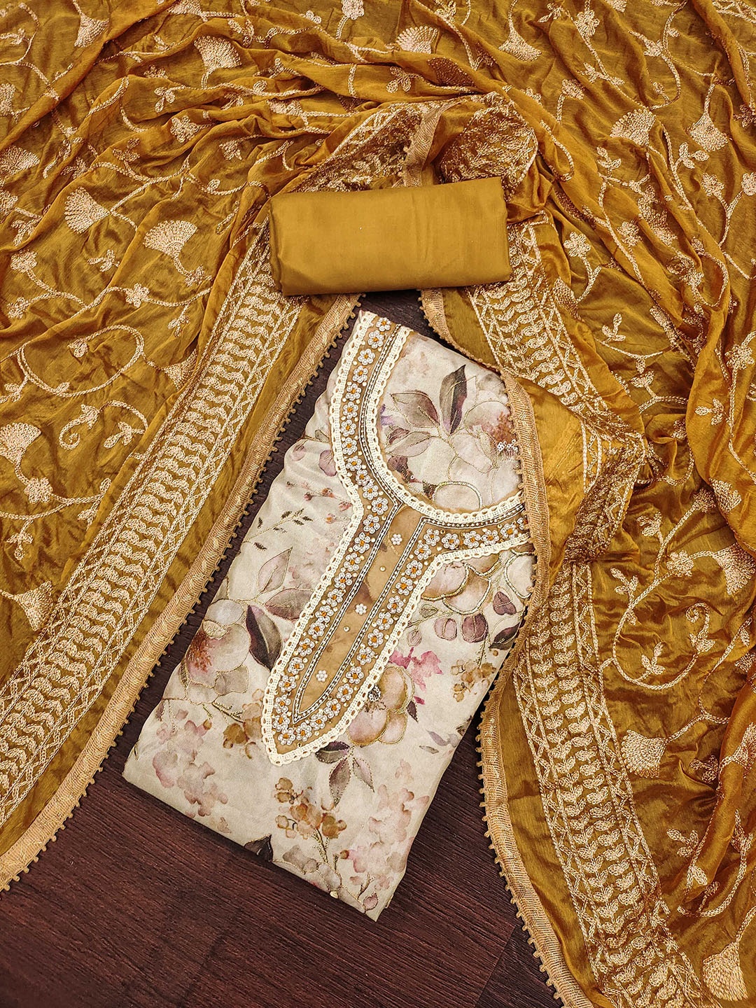 

SHADOW & SAINING Floral Printed Beads And Stones Unstitched Dress Material, Beige