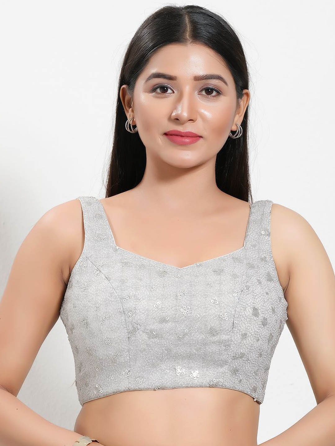 

VAMAS - THE DESIGNER BLOUSES Women Round Neck Padded Saree Blouse, Silver