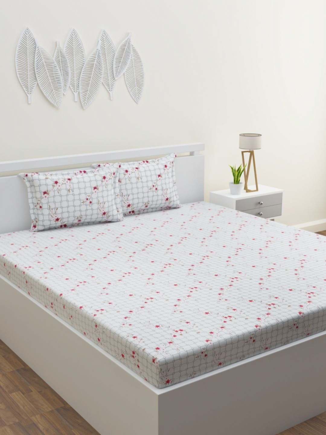 

HOME AFFAIRS White & Red Floral Printed 210 TC Single Bedsheet Set 1.52 m x 2.28 m