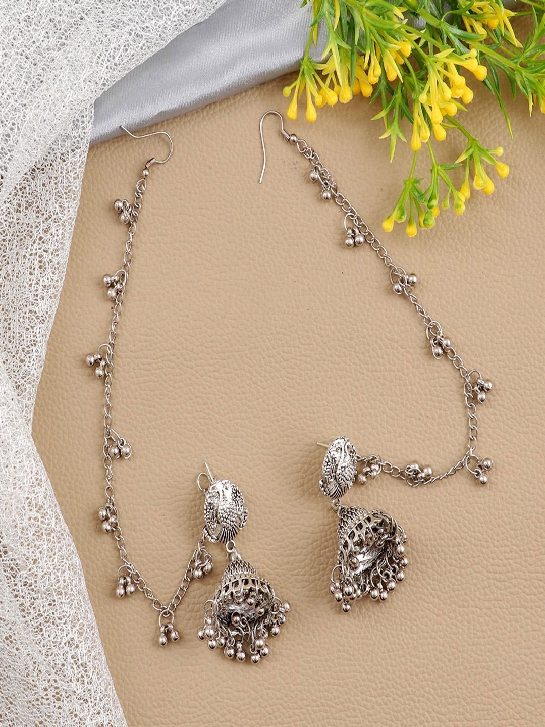 

Sangria Traditional Silver-Plated Artificial Beaded Jhumka With Earchain