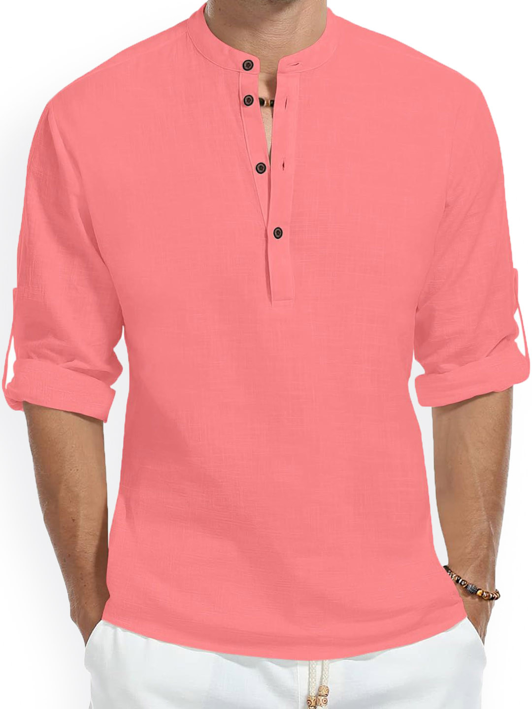

Fifth U Band Collar Roll-Up Sleeves Straight Short Kurta, Peach