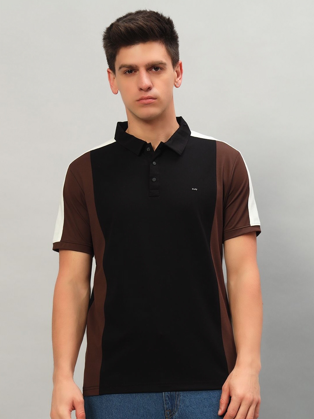 

PROFY Men Colourblocked Polo Collar Cotton T-shirt, Black