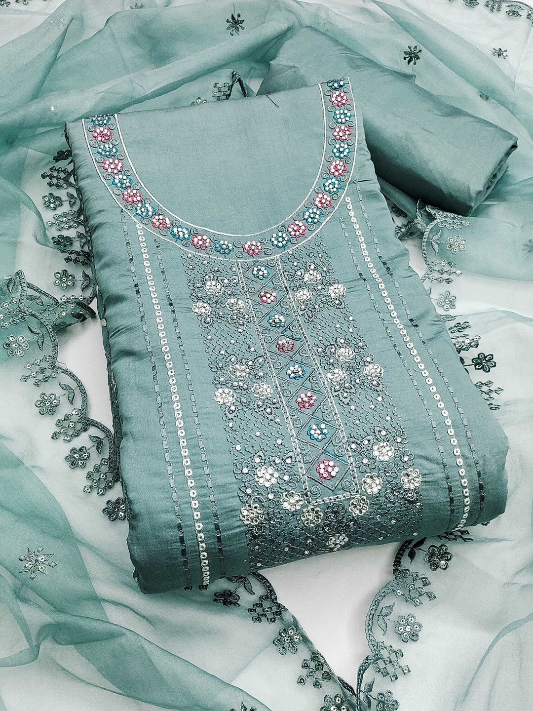 

SHADOW & SAINING Floral Embroidered Sequinned Pure Silk Semi-Stitched Dress Material, Sea green