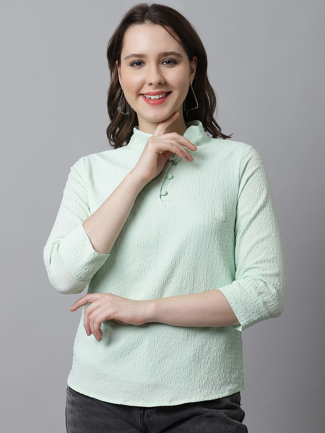 

JAKANARY Women Self Design Mandarin Collar Regular Tops, Sea green