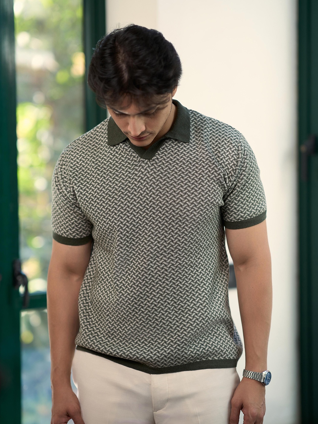

HAMPTONS Geometric Printed Polo Collar Short Sleeves Cotton T-shirt, Green
