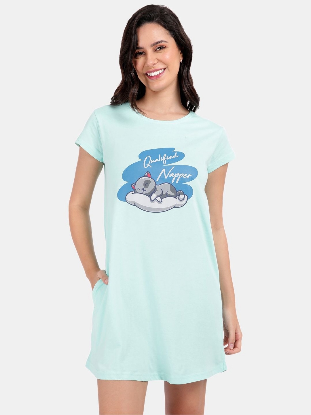 

SNAPPY B Typography Printed Round Neck Cotton Long T-shirt, Green