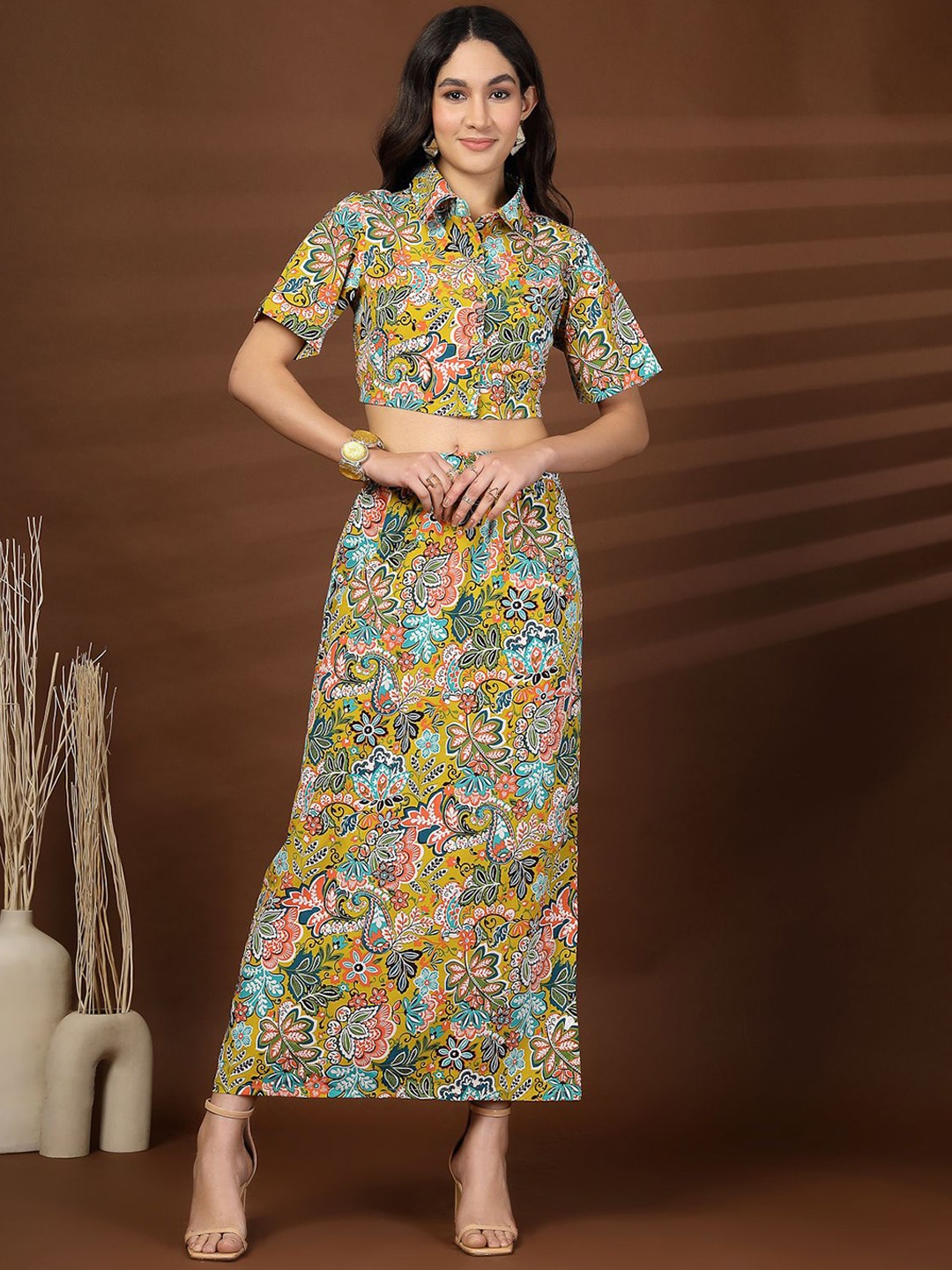 

plusS Printed Short Sleeves Shirt With Skirt, Yellow