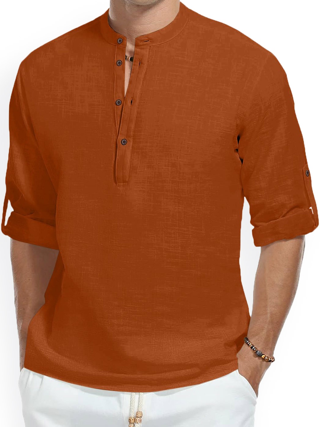 

Fifth U Band Collar Roll-Up Sleeves Wrinkle Free Straight Short Kurta, Brown