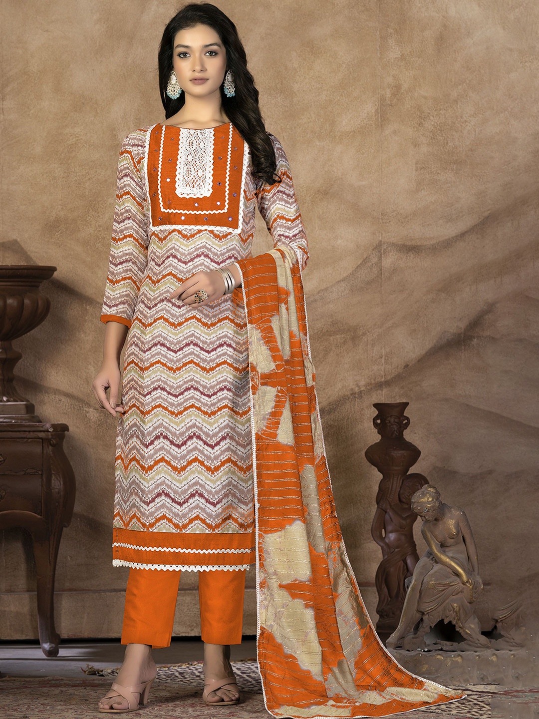 

SHADOW & SAINING Chevron Printed Pure Cotton Semi-Stitched Dress Material, Orange