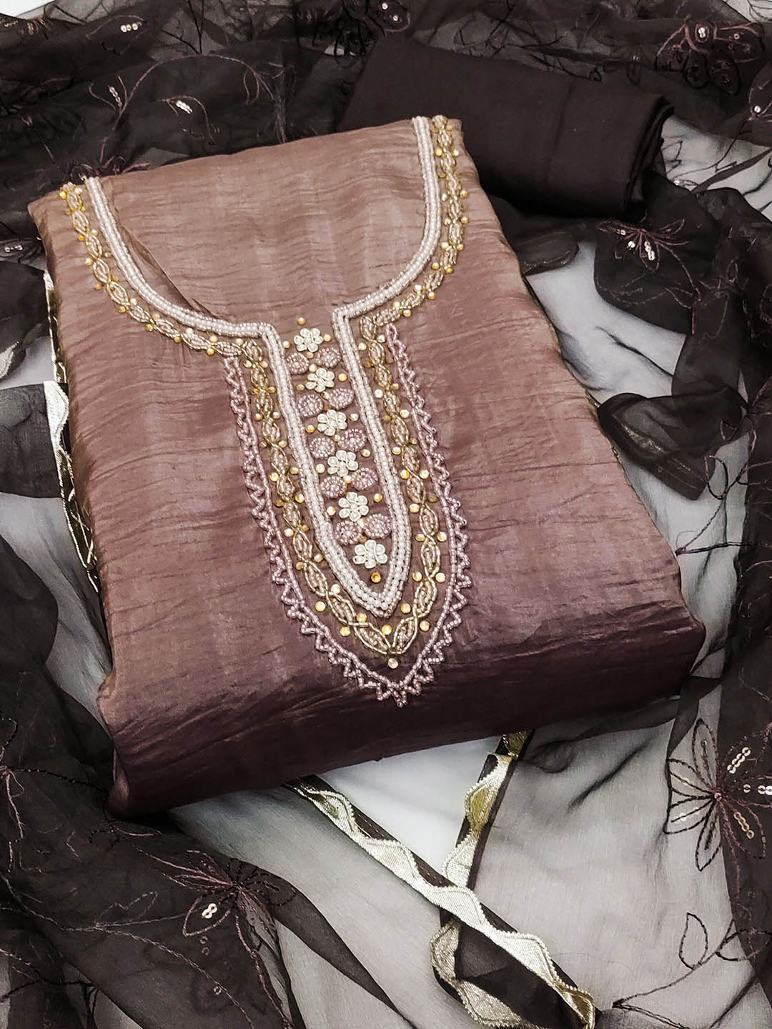 

SHADOW & SAINING Floral Embellished Beads & Stones Pure Silk Semi-Stitched Dress Material, Brown