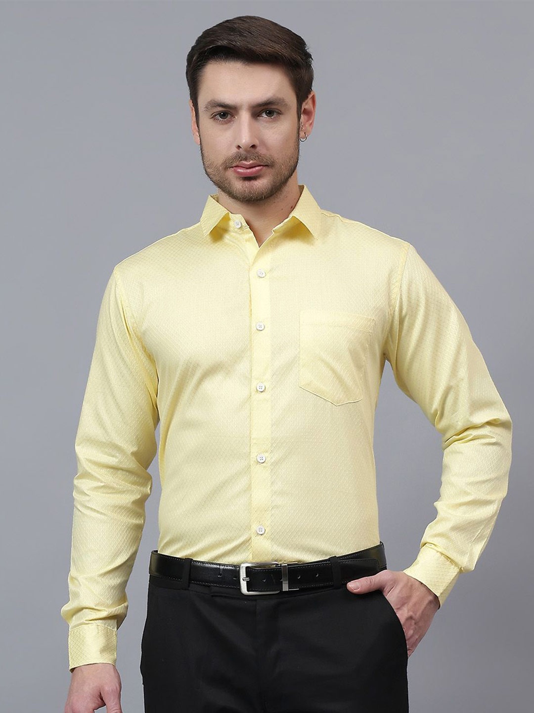 

Vida Loca Men Slim Fit Spread Collar Textured Cotton Formal Shirt, Yellow