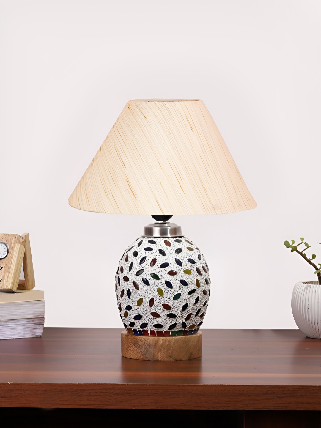 

Devansh Off White & Blue Printed Frustum Shaped Wooden Table Lamp