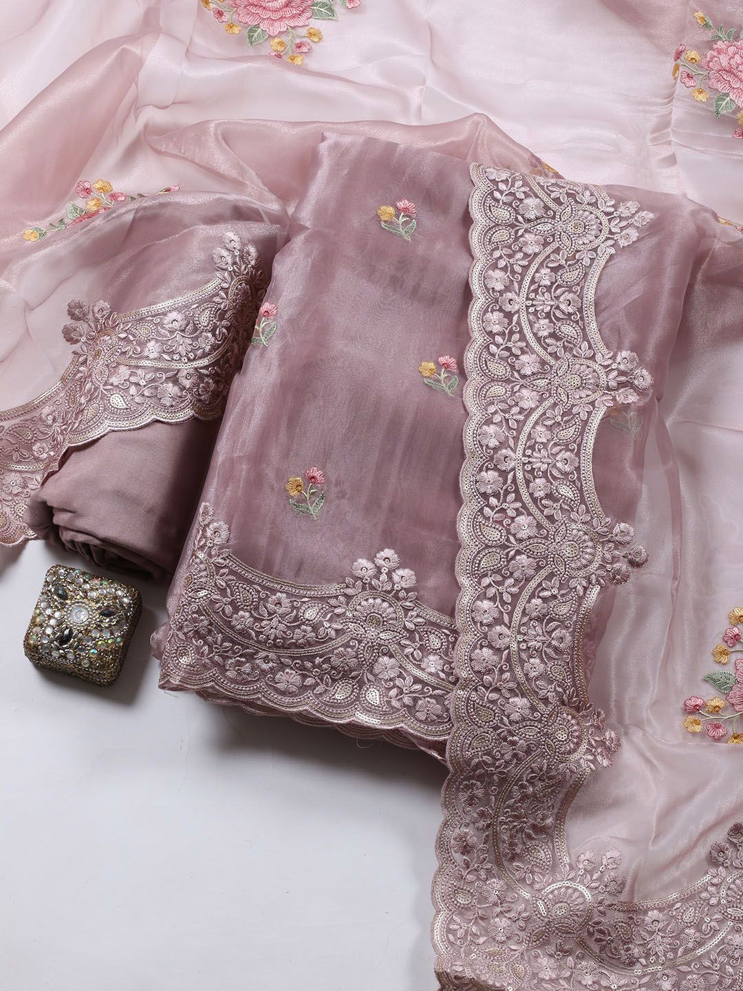 

Meena Bazaar Floral Embroidered Thread Work Organza Unstitched Dress Material, Mauve