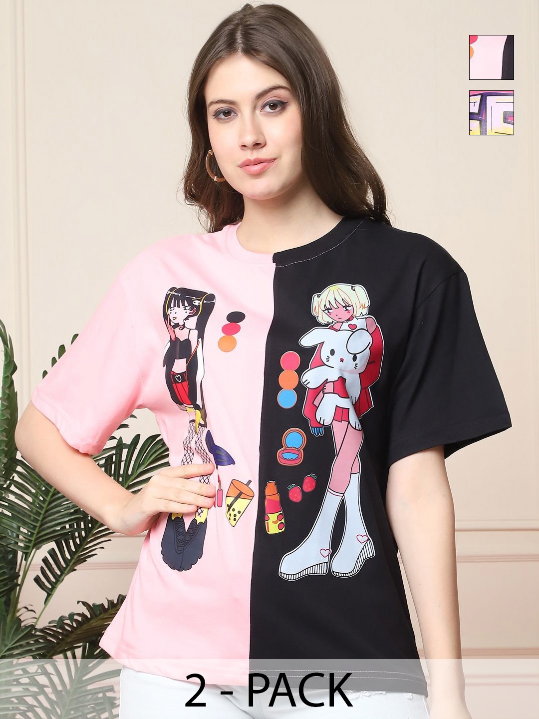 

Tromko Women Pack of 2 Graphic Printed Round Neck Cotton Oversized T-shirts, Pink