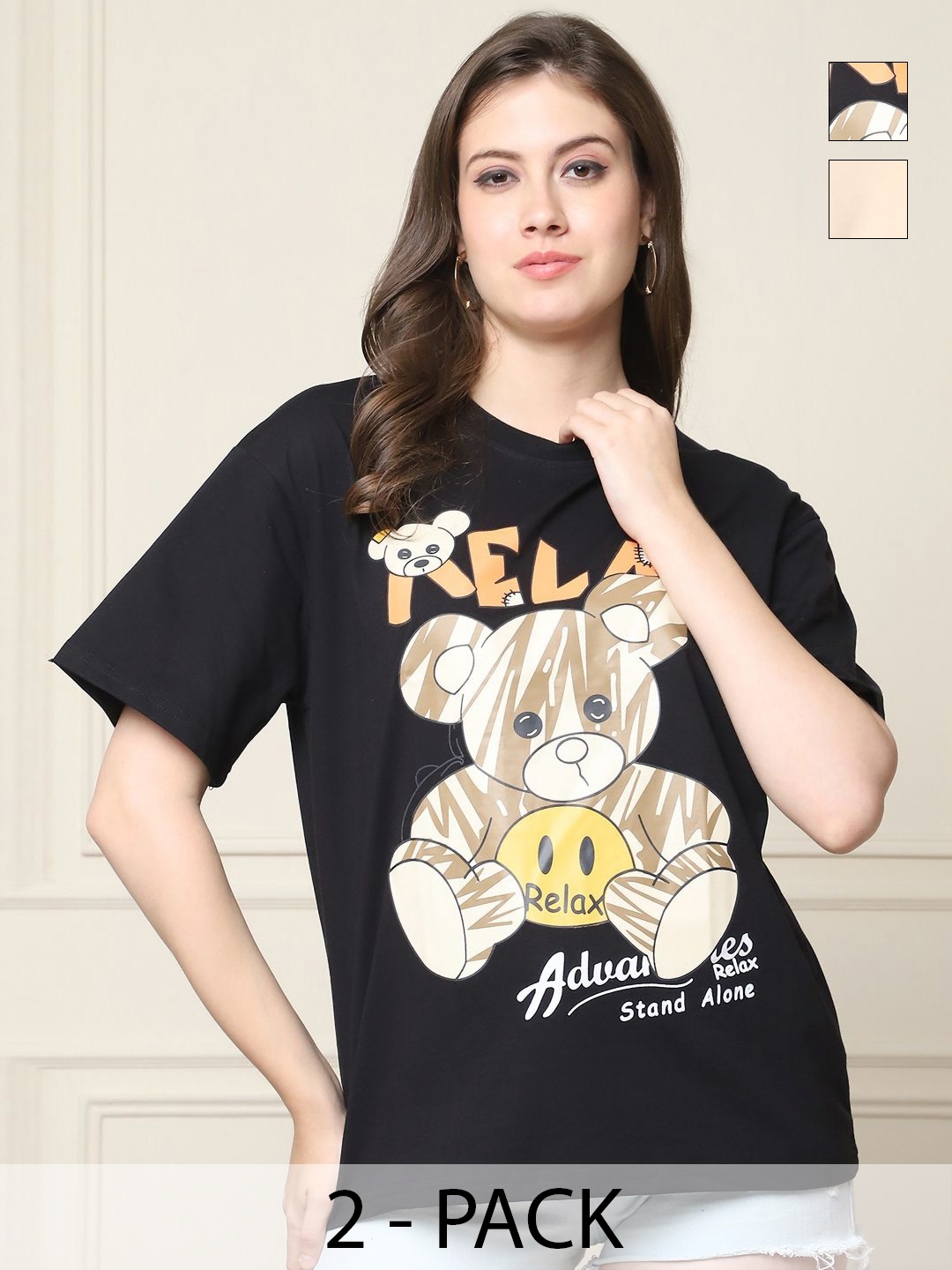 

Tromko Women Pack of 2 Graphic Printed Round Neck Cotton Oversized T-shirts, Black