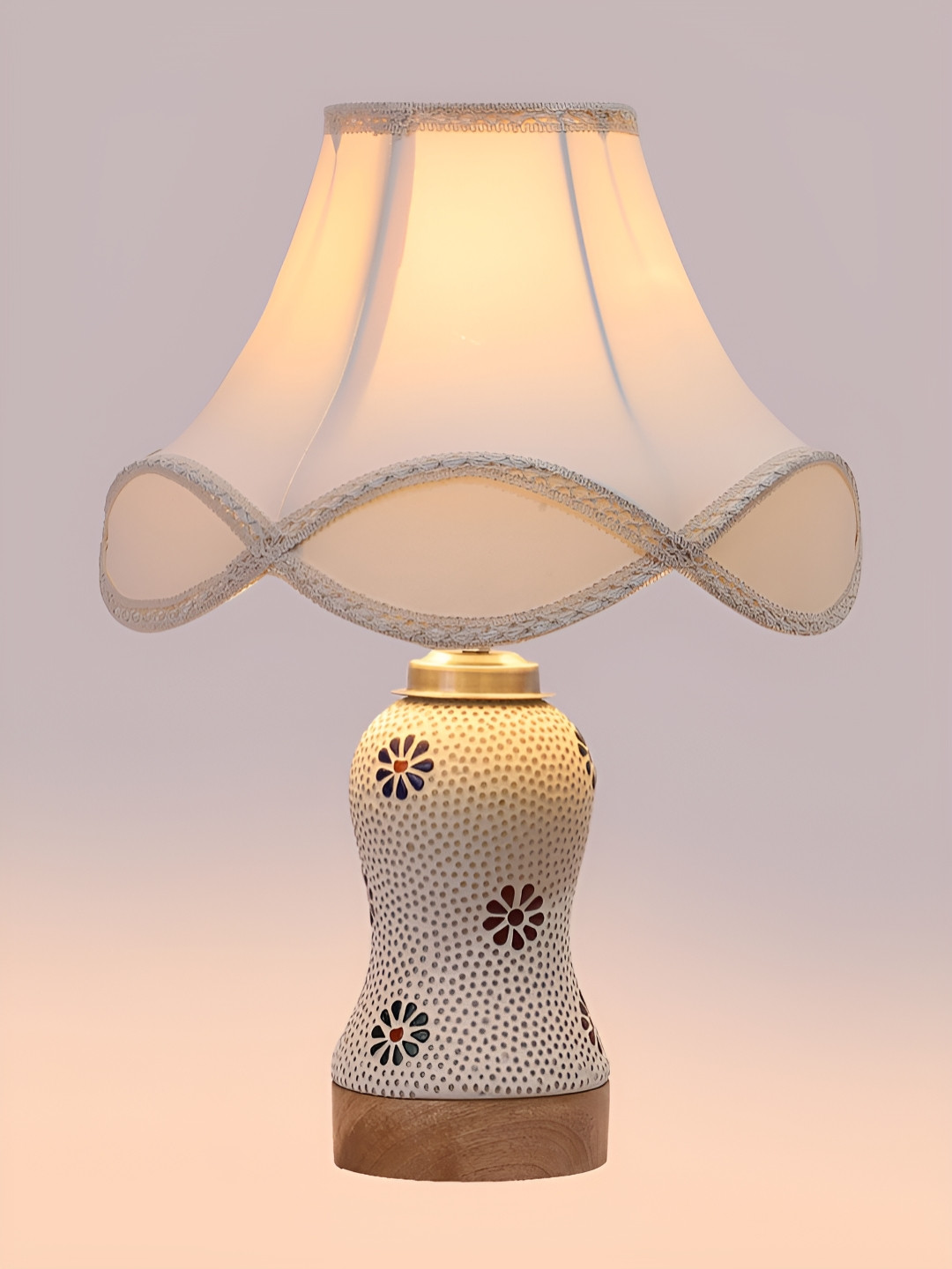 

Devansh Off White & Blue Printed Frustum Shaped Wooden Table Lamp