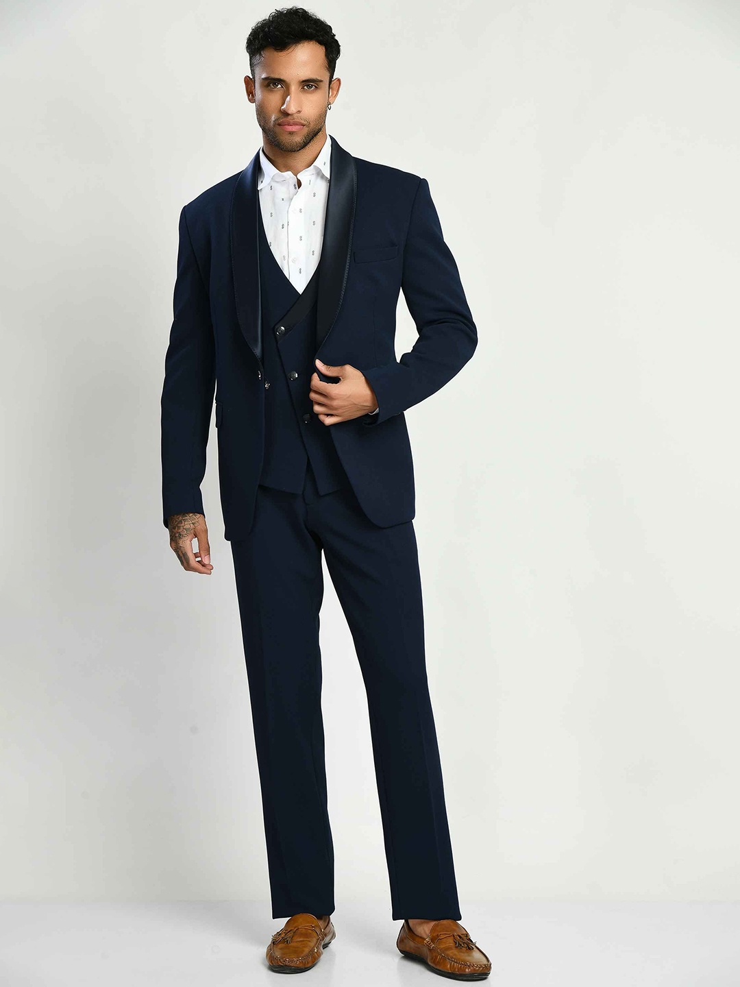 

SQUIREHOOD Men Cotton Tailored Fit Tuxedo 3 Piece Suits, Navy blue