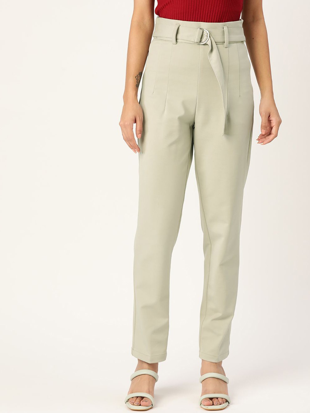 

Zastraa Women Smart Slim Fit High-Rise Pleated Trouser, Cream