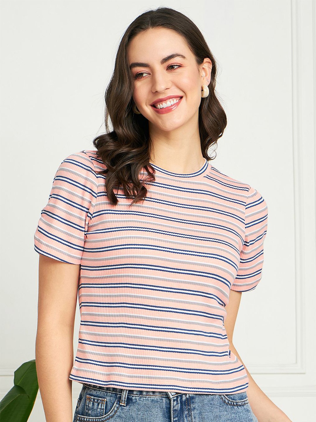 

PIVL Women Striped Cotton Tshirts, Peach