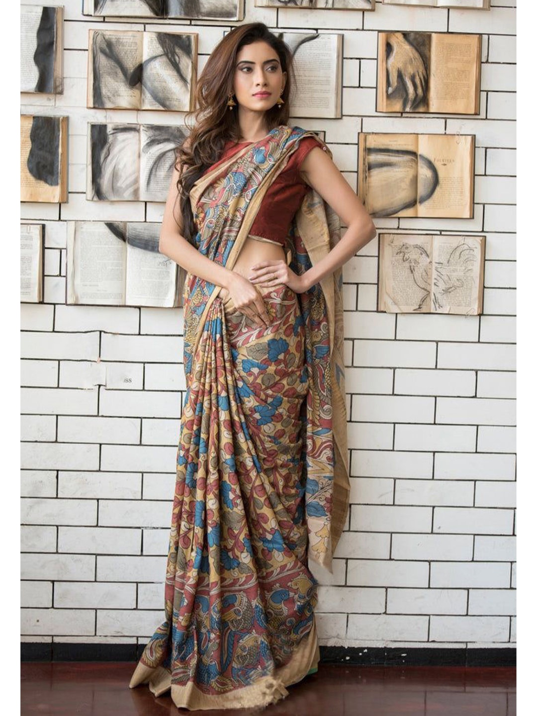 

ORUS Ethnic Motifs Printed Pure Cotton Saree, Beige