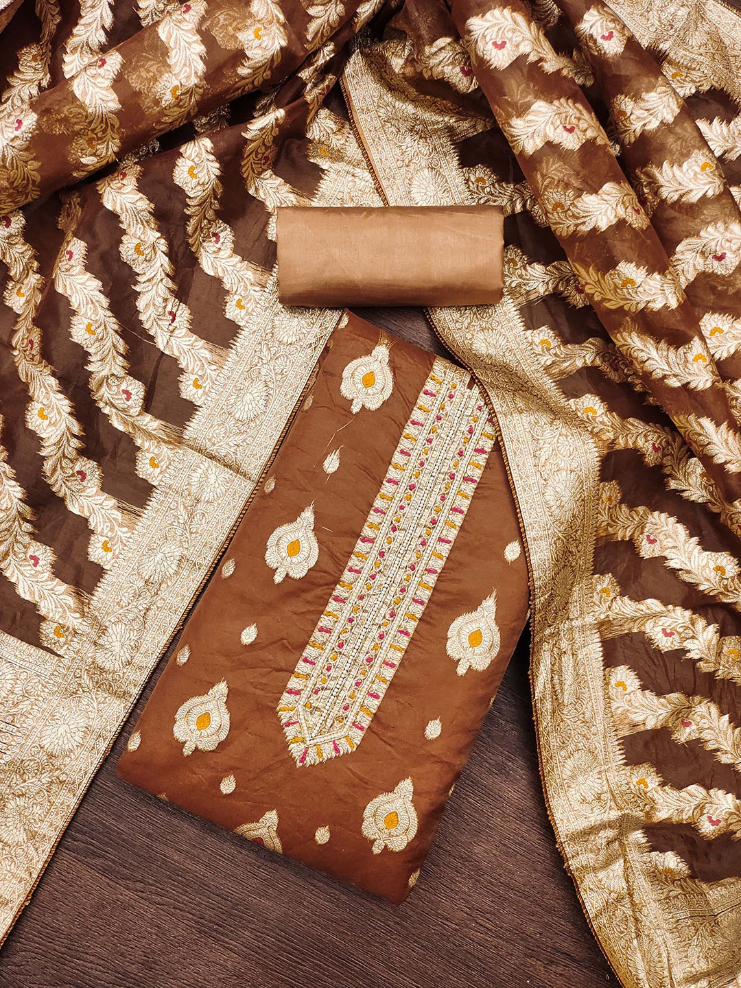 

SHADOW & SAINING Floral Woven Design Organza Unstitched Dress Material, Brown