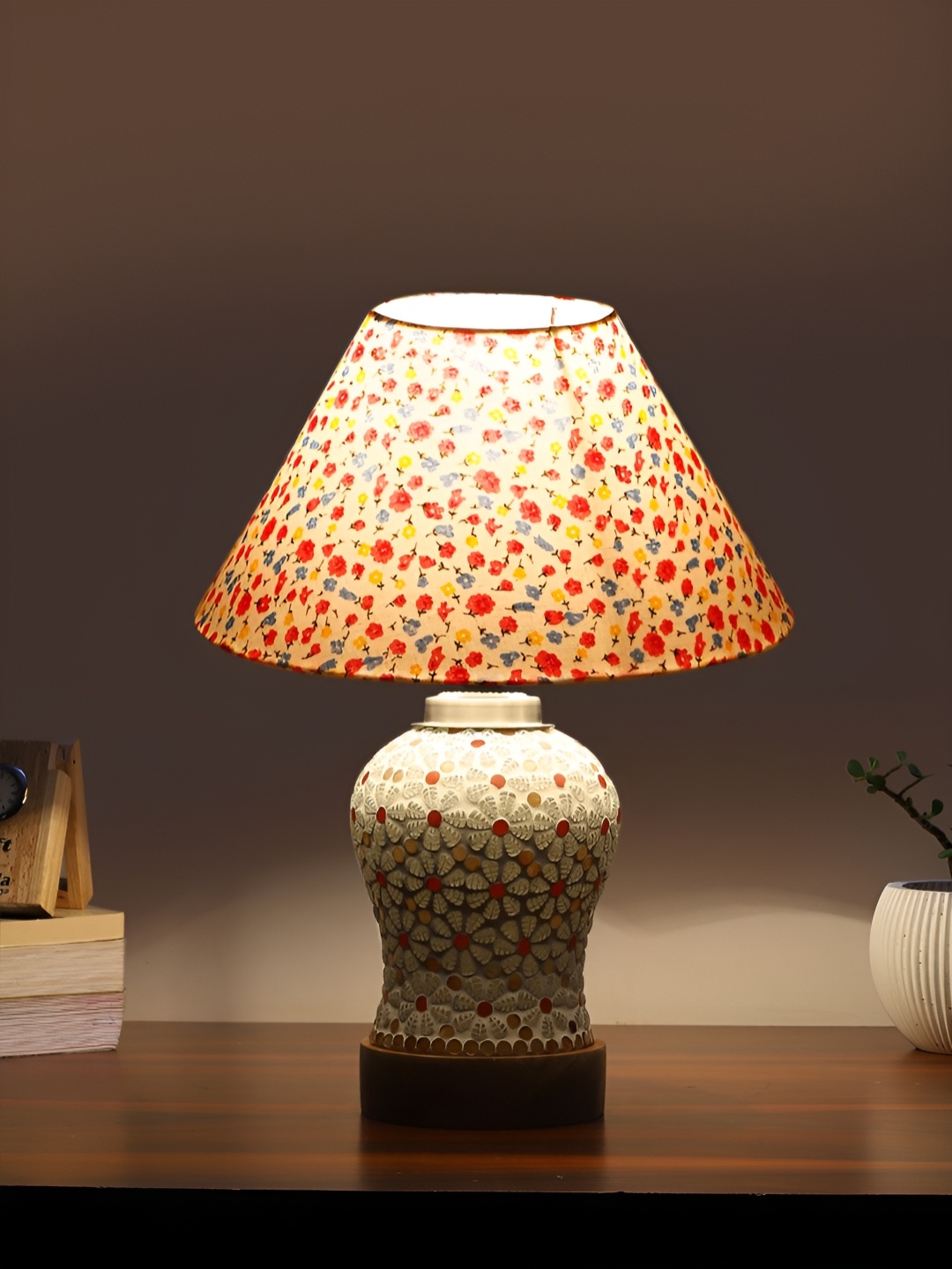 

Devansh White Floral Printed Wooden Frustum Shaped Table Lamp With Mosaic Glass Base
