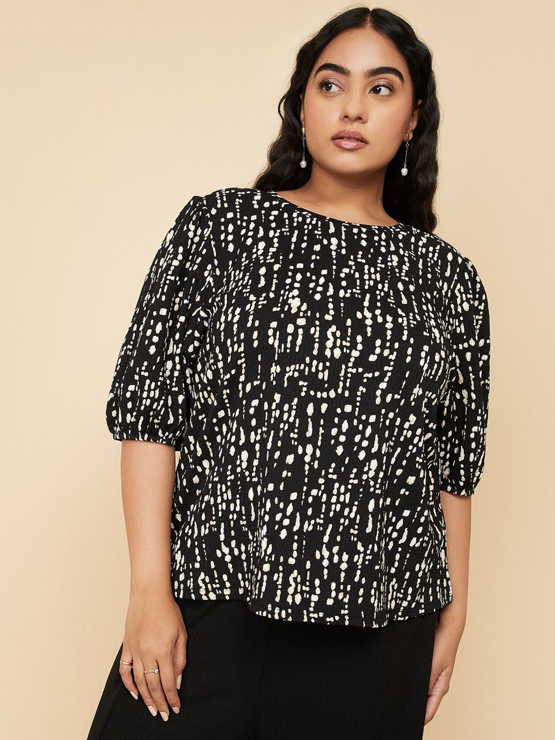 

max Women Printed Puff Sleeves Top, Black