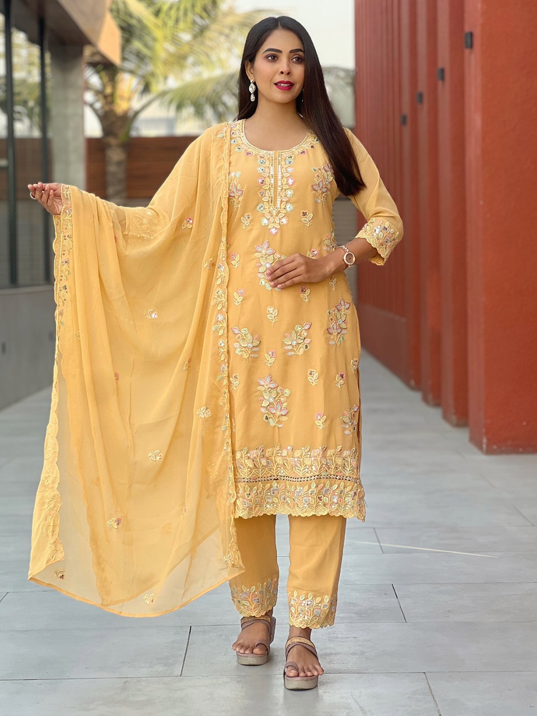 

BINDUDI Floral Embroidered Sequinned Georgette Straight Kurta With Trousers & Dupatta, Yellow