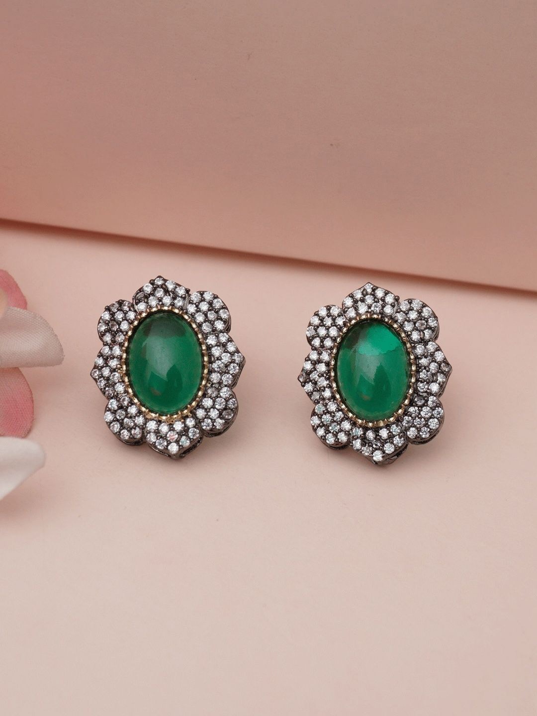 

Niscka Gold-Plated Cubic Zirconia Studded Contemporary Shaped Studs, Green