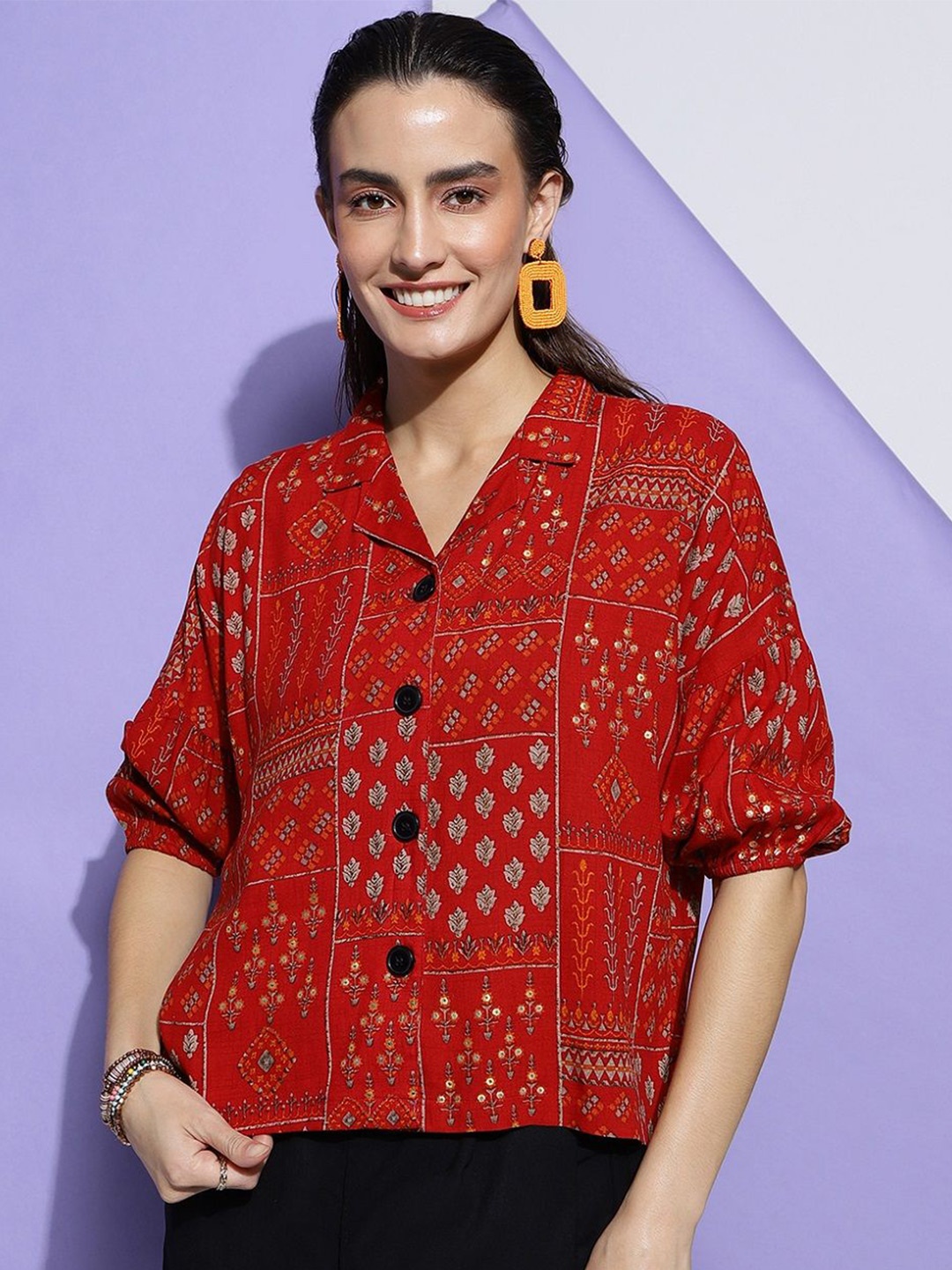 

Metronaut Smart Ethnic Motifs Printed Opaque Boxy Party Shirt, Red