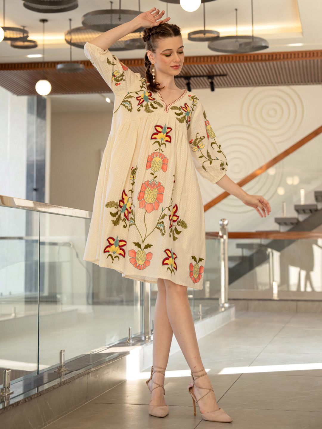 

ZUMMER Women V-Neck Floral Embroidered Puff Sleeve Cotton Empire Dress, Off white